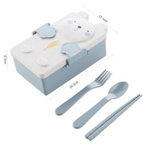Kotak Bekal Makan Siang Kartun Kelinci Beruang Awan Bulan 2 Sekat Lunch Box dengan Peralatan Makan Persegi Kotak Makan Siang Siswa Anak Kantor Outdoor Bento Makan / Rantangan