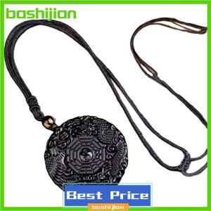 bashijian Natural Black Obsidian Hand Carved Chinese Dragon Phoenix Bird Amulet BaGua Necklace For Women Men Luck Mascot Amulet Pendant
