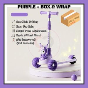 Kids Kuromi Scooter Skuter Budak Foldable Adjustable Height With Wheel LED Light & Music 2 in 1 With Seat Ride On Gifts