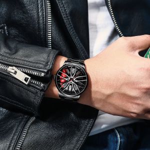 CLIBER Car Wheel Rim Hub Quartz Watch Men Luxury Black Red Green Stainless Steel Watches Wristwatch