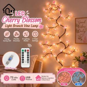 Cherry Blossom Vine String Lights Usb Powered Remote Control Eight Modes Timer Diy Wall Decor