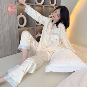 deeteenee ชุดนอน แขนยาวขายาว คอปก ผู้หญิง น่ารักๆผ้าซาตินนิ่มใส่สบาย สีสวยสด สไตล์เกาหลี NB24