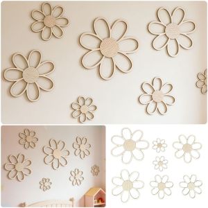DIVATEN 7PCS Wood 3D Flower Wall Decals Hollow Petals Boho Hollow Flower Ornament Creative DIY Decoration Wall Art For Bedroom