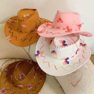 JEWELRY วินเทจ หมวกคาวบอยตะวันตก พังก์สไตล์ เดนิมเดนิม หมวกกันแดดฤดูร้อน ลำลองแบบสบายๆ ผีเสื้อรูปผีเสื้อ หมวกถัง sunscrean หญิง/ชาย