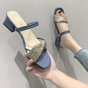 Free Shipping Square-Toe Chunky-Heel Sandals Plus-Size Versatile Slip-On Sandals Roman-Style Sandals High-Heeled Shoes WomenS Shoes