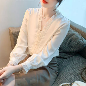AMMIN 2025 Spring and Autumn new sweet ruffled V-neck long sleeve chiffon shirt for women Korean version style simple solid color commuter elegant blouse