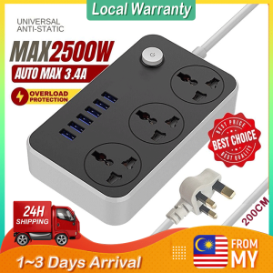 【Hot selling】 6 USB Port 3 Universal Power Strip Extension Plug Power Socket Electric Sockets Elektrik Soket Extension Cords Power Socket (3.4A) Fast Charging 6 USB Extension 3 Socket Plug Ports & 2M Cable Power Strip