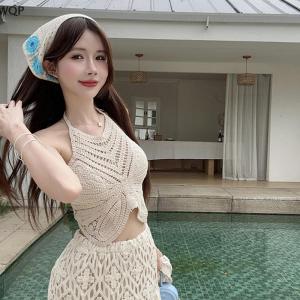 [WQP Fashion Store] Flash Sale Jewelry Summer Bohemia Hollow Embroidered Halterneck Backless Sleeveless Knitted Camisole For Women