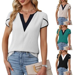 Loose Casual V-Neck Short Sleeve Shirts Womens Blouse Summer Fashion Contrast Color Elegant Lady Office Shirt Petal Sleeve Tops