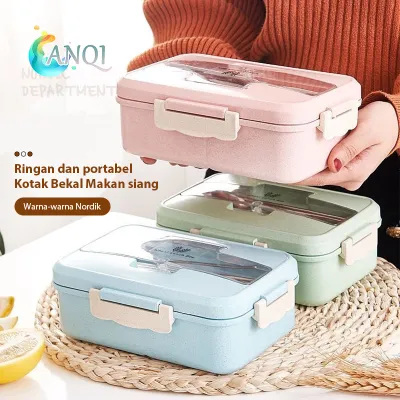 ANQI SHOP Lunch Box Set Kotak Bekal Makan Wheat Straw Gandum 1000ml 4 In1 Wheat Straw BPA FREE VS-1