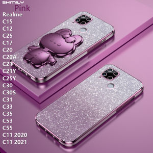 Realme C15/C11/C12/C25/C17/C20/C21/C21Y/C25Y/C30/C31/C33/C35/C53/C55/C65/C67แฟชั่นไล่ระดับสีโทรศัพท์ลายกระต่ายกรณีเคสโทรศัพท์ซิลิโคนเคสนิ่มเคลือบอิเล็คโทรเพลทลายท้องฟ้าเต็มไปด้วยดวงดาวหรูหราผงชิมเมอร์