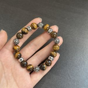 S925 Silver Flashing Brown Tigers Eye Stone Bracelet Cross Flower Silver Beads Retro Fashion Domineering Simple Atmosphere Boys Handsome and Versatile