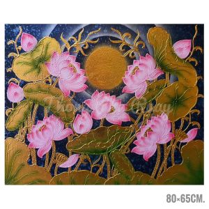 ภาพวาดทุ่งดอกบัว พื้นสีน้ำเงินสลัดเงิน ขนาดW80H65cm ภาพติดผนัง ภาพแขวนกรอบลอย ภาพมงคล ภาพตกแต่งร้าน