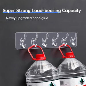 6 in 1 Bathroom Sticky Hooks Wall Hanging Kitchen Bathroom Strong Adhesive Hook Transparent 1/2pcs