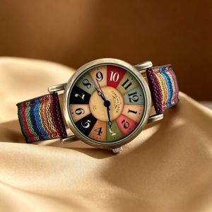 Vintage Bohemian Quartz Watch Colorful Rainbow Dial & Ethnic Woven Fabric Strap