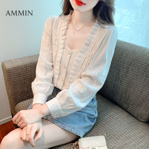AMMIN 2023 Autumn new French pleated ruffle patchwork single breasted fashion square collar long sleeve commuter chiffon Shirt Womens Korean style Embroidery hook flower Cutout lace patchwork simple solid color elegant blouse