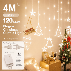 HOMEMORY 4M Christmas Multi-Shape Curtain String Lights  Waterproof Copper Wire LED Holiday Lights Star Bell Tree Reindeer Decor for Home Window Patio Party