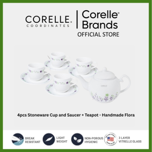 CORELLE Coordinates 4pcs Stoneware Teapot Set Cup & Saucer – Handmade Flora