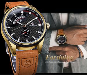 Forsining Đồng Hồ Cơ Chính Hãng Đồng Hồ Nam Thể Thao Quân Đội Tự Động Đồng Hồ Dây Da Màu Nâu Chất Lượng Cao Cho Nam