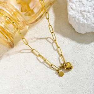 18K Gold Plated Stainless Steel Paperclip Chain Heart Pendant Necklace and Bracelet Jewelry Set Gift for Women