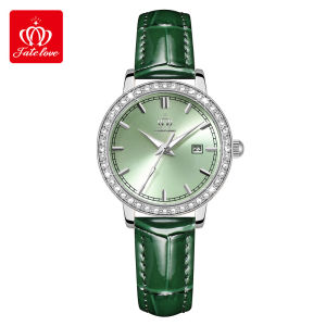 FCOLEVS Womens Watch 100% Authentic Waterproof Quartz Watch Calendar Diamond Dial Leather Strap Elegant Luminous Womens Watch