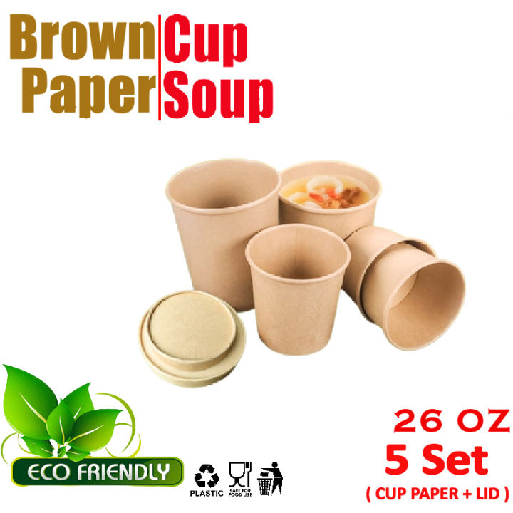 Brown paper cup soup | mangkok kertas kraft coklat cup sup 26oz + tutup ...