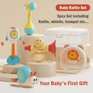 5Pcs Baby Rattle Gift Set | Hearing and Sound Development | Infant Music Instrument | Whistle Trumpet Teether Drum |