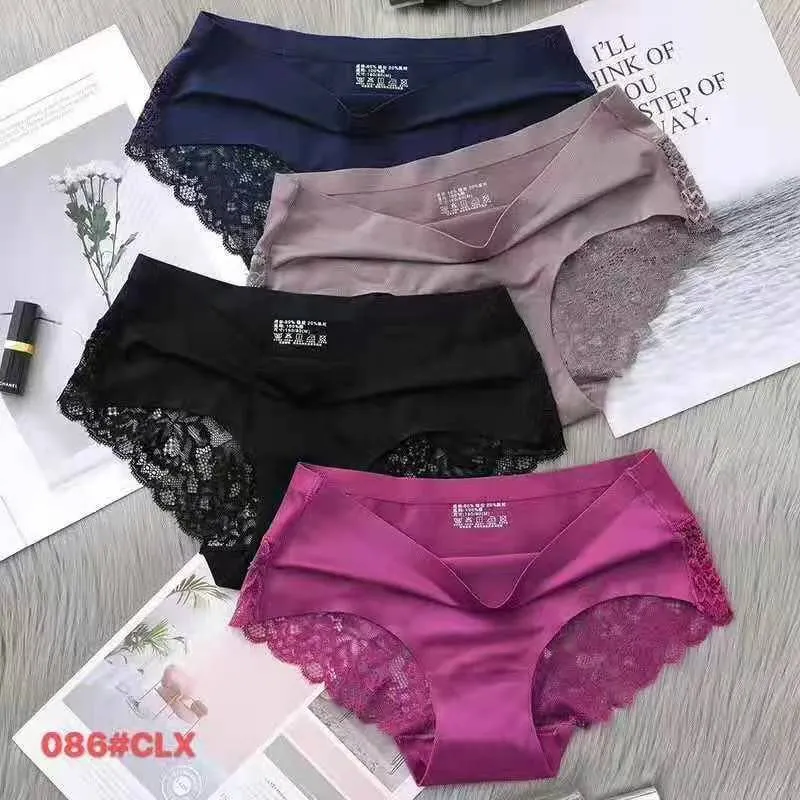 4pcs Women Underwears Panties Briefs Lace Back & Front Flower Pattern  Seamless Ice Silk Nylon Middle Waist Comfortable Breathable Underpants #086