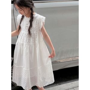 Bông từ trung bình đến lớn Quần áo trẻ em ren trắng Váy cô gái Công chúa nhỏ tươi mát Váy vest mùa hè 2025 Phong cách mới2026