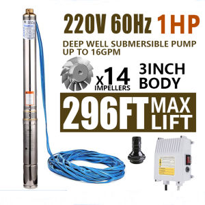 3Inch 1HP Submersible Pump 220V 60Hz Electric Deep Well Pump Stainless Steel Submersible Borehole Water Pump 295ft 16GPM