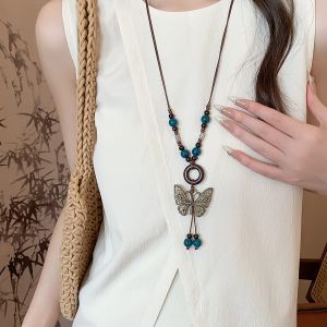Ethnic style ceramic wood bead round butterfly pendant necklace temperament high-end fashion long necklace