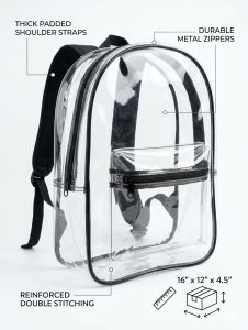 Transparent Backpack with Thick Padded Shoulder Straps Durable Metal Zippers Reinforced Double Stitching 16" x 12" x 4.5"