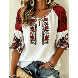 Vintage Women T-Shirt Three-Quarter Bell Sleeve T-Shirt Floral Pattern Shirt V Neck Shirt For Womens Vacation Clothing