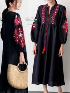 เดรสยาวปักลายโบฮีเมียนผ้าลินินผสมฝ้าย​ ทรงหลวม​ แขนบอลลูนยาว มีเชือกผูกช่วงอก ชุดโบฮีเมียนผญ by vicshopbkk