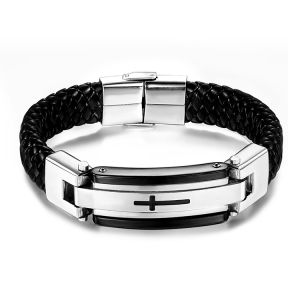 Lele Jewelry European and American Trend Mens Cross Stainless Steel Braided Leather Bracelet Titanium Steel Mens Bracelet Retro Style