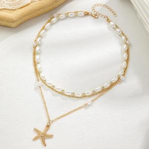 Hmeme สร้อยคอแฟชั่นจี้มุกเทียมรูปดอกไม้ปลาดาวสแตนเลสสำหรับผู้หญิงเครื่องประดับแบบวางซ้อนกันได้สำหรับปาร์ตี้ริมชายหาด