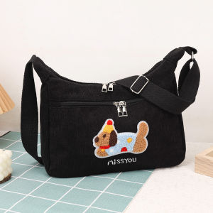 MOUSSON กระเป๋าสะพายไหล่ผ้าคอร์ดูรอย์น่ารักประดับลายหมาเย็บปักพร้อมซิป แฟชั่นลำลองสำหรับผู้หญิง