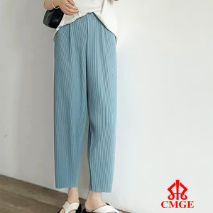 CMGE #9059 Womens Fashion Solid Color Pleated Csual Pants High Waist Pants Ice Silk Pants Free Size 26-36)