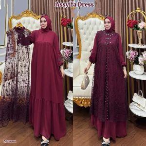Gamis Set Outer Terpisah Assyifa Dres Ceruty Babydoll Mix Brukat M L XL XXL 3XL Resleting Depan Busui Friendly Dress Kondangan Brokat Modern Kekinian Ootd Hijab Baju Muslim Seragaman Keluarga