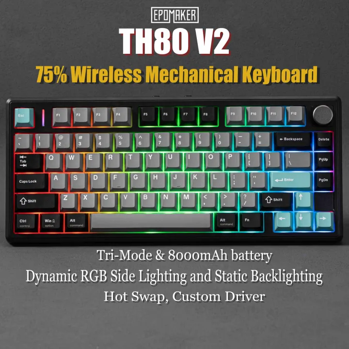 EPOMAKER TH80 V2 75% ANSI US Layout Wired/Bluetooth/2.4Ghz Wireless Mechanical Gaming Keyboard with Programmable Keys & Knob