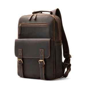 EDERN Retro Crazy Horse Leather Backpack for Men Outdoor Travel Backpack Large Capacity Cowhide Schoolbag 15-inch Laptop Bag Male Shoulder Bag