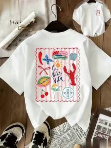 Summer Vacation Style Lobster and Fruit Vegetable Patchwork Print Women Short Sleeve T Shirt Casual Beach Vacation Top Lightweight Breathable Cotton Blend Fashion Tee