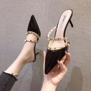 [Free Shipping] Womens Summer Open-Toe Half-Heel Mules 2025 New Model Pointed Toe Stiletto with Rivet Detail Flattering for Long Legs and Slimming Effect