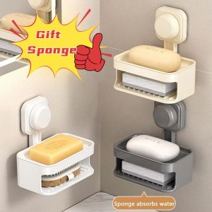Double Layer Suction Cup Soap Box Wall Mounted Soap Sponge Holder Self Draining Soap Drain Rack