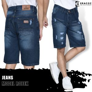 ERACOZ Celana Jeans Pendek Pria Model Sobek Dark Blue