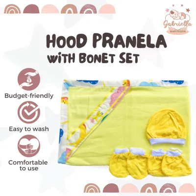 Hood Pranela Receiving Blanket + 3in1 Bonet Set | Budget-friendly | Easy to wash | Comfortable to use | Gabriella Infants Collection