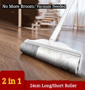 24cm Sticky Lint Roller Dust Hair Pet Fur Remover Cloth Cleaner Extendable Metal Rod & 60 Tear Refill
