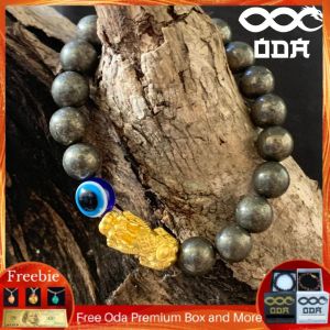 Pyrite Bracelet /Blue Aventurine/Matte Onyx/Aquamarine/Lava Stone  with Pixiu/Piyao+Evil Eye For Wealth Abundance Mindset Will power and Prosperity Country Source Italy Authentic Crystal perfect for Woman and Man with Free Box  (Cleansed and Blessed)