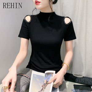 REHIN Half high neck hollow handmade bead splicing short-sleeved t-shirt fashion Slim bottoming shirt trendy women blouse