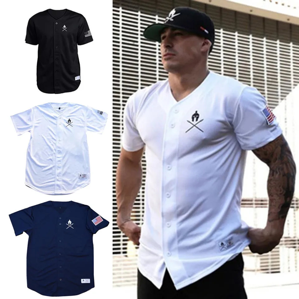 Men Baseball Jersey T-shirts Short Sleeve Button Closure Tee Sportswear